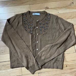 Zara Brown Embellished Women's Cardigan